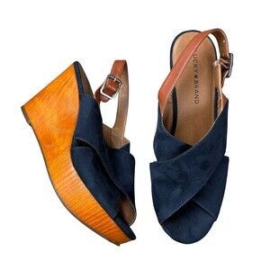 Lucky Brand Merrona Blue Faux Suede Brown Wooden Slingback Wedge Women’s 9.5